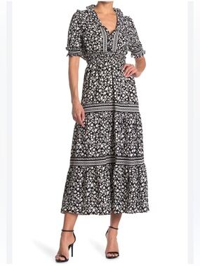 Max Studio Black and White Floral Tiered Maxi Dress